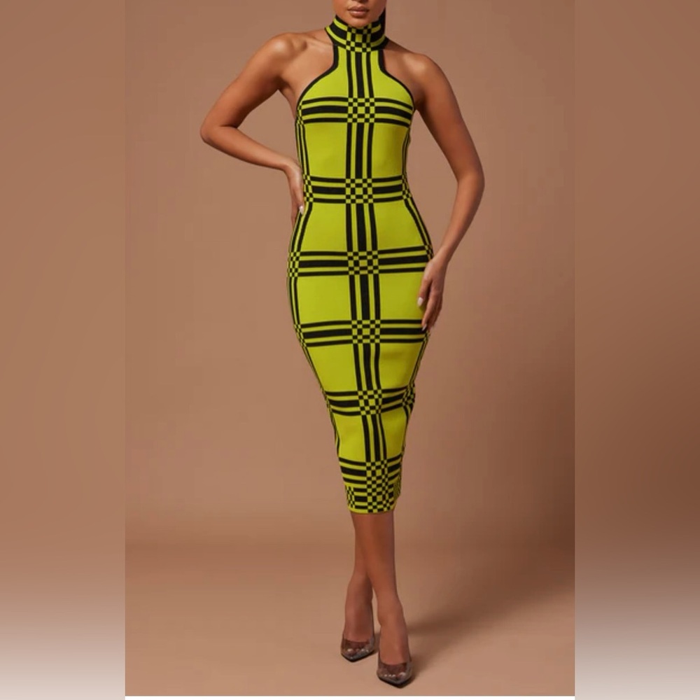 NWT Women Knit Midi Sweater Black Chartreuse High Neck‎ Fitted Checkered Dress S